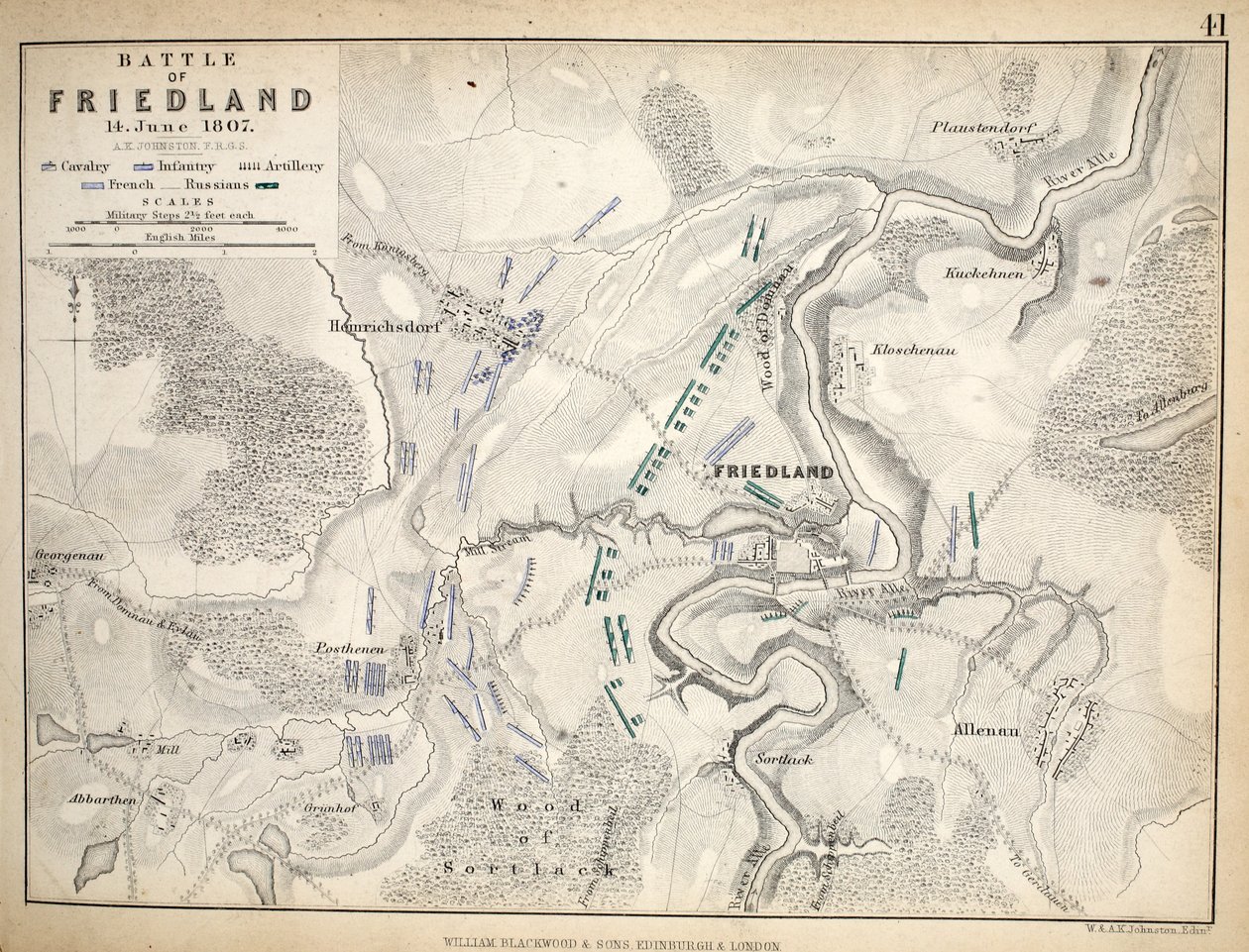 Karta över slaget vid Friedland, utgiven av William Blackwood and Sons, Edinburgh och London, 1848 (handkolorerat gravyr) av Alexander Keith Johnston