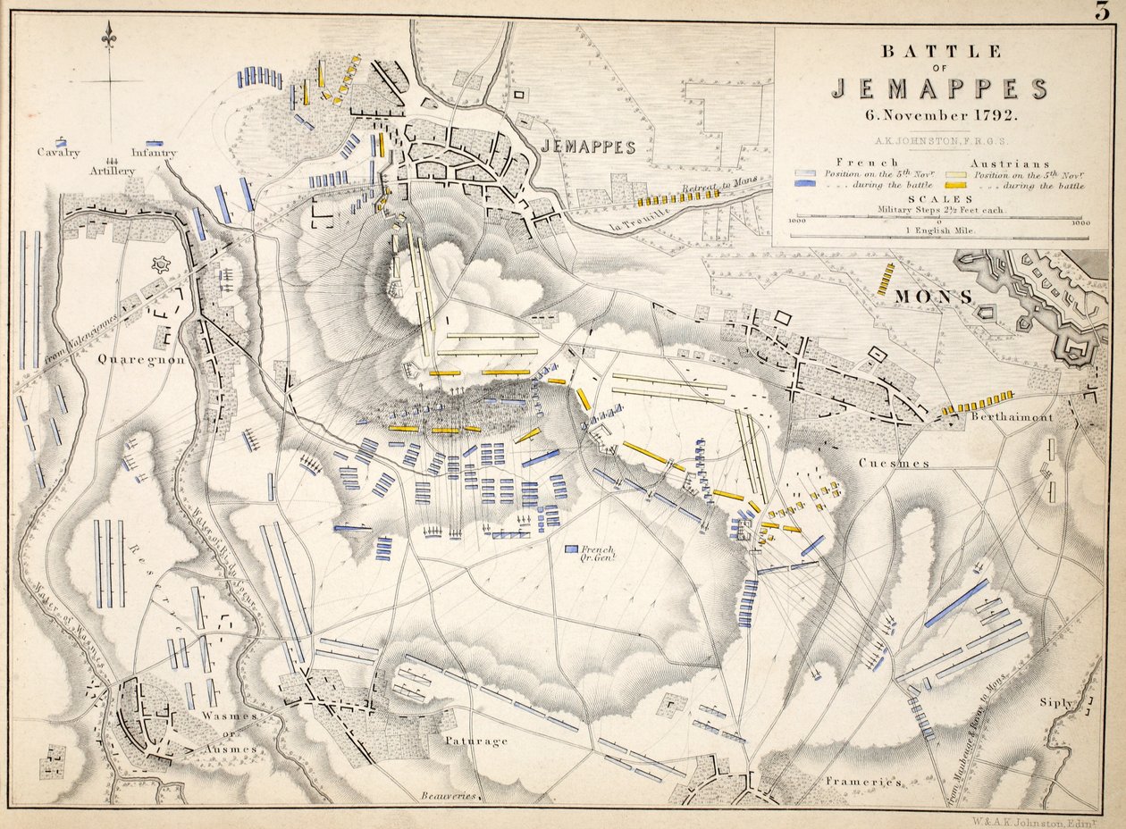 Karta över slaget vid Jemappes, utgiven av William Blackwood and Sons, Edinburgh och London, 1848 (handkolorerad gravyr) av Alexander Keith Johnston