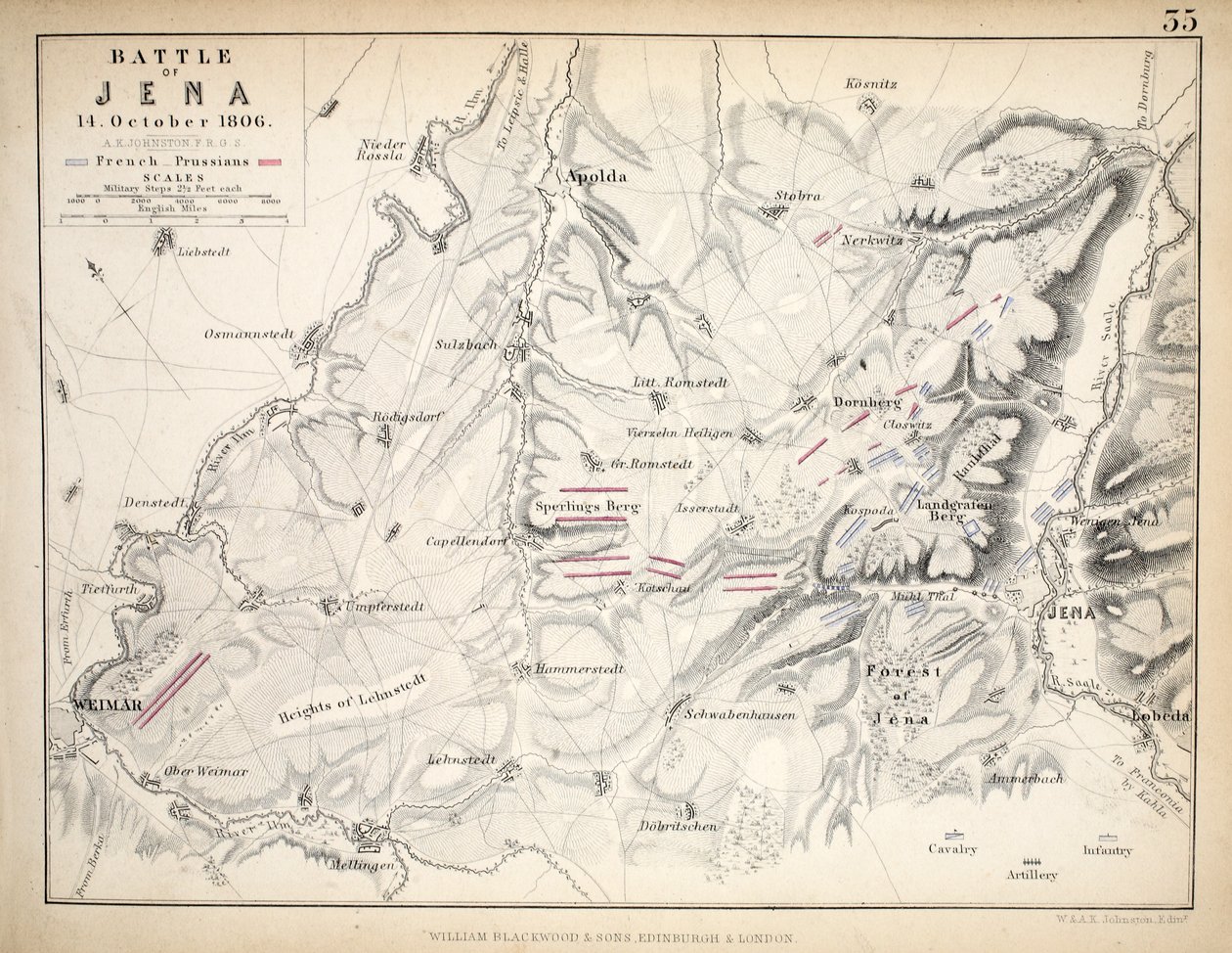 Karta över slaget vid Jena, utgiven av William Blackwood and Sons, Edinburgh och London, 1848 (handkolorerat gravyr) av Alexander Keith Johnston