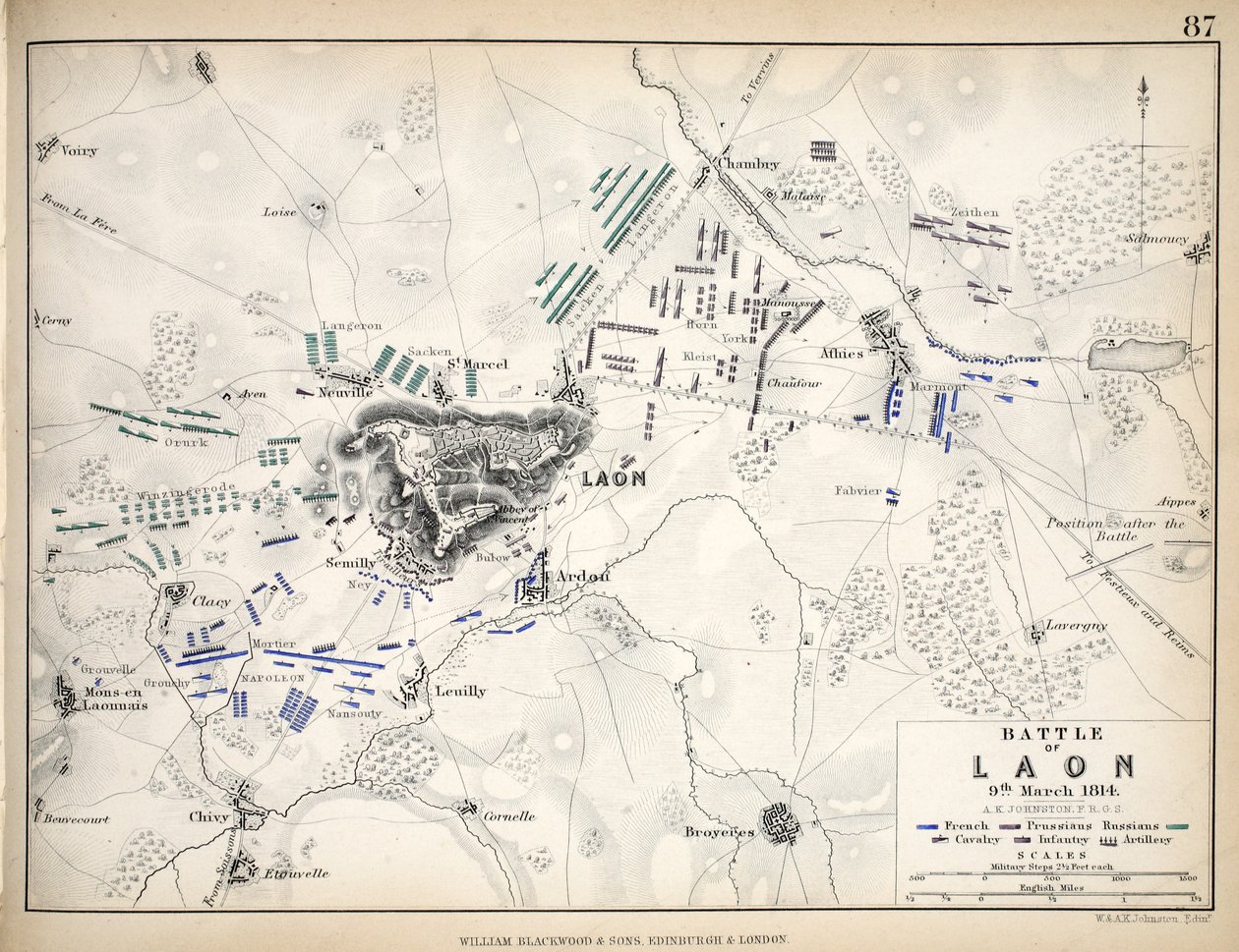 Karta över slaget vid Laon, utgiven av William Blackwood and Sons, Edinburgh och London, 1848 (handkolorerad gravyr) av Alexander Keith Johnston