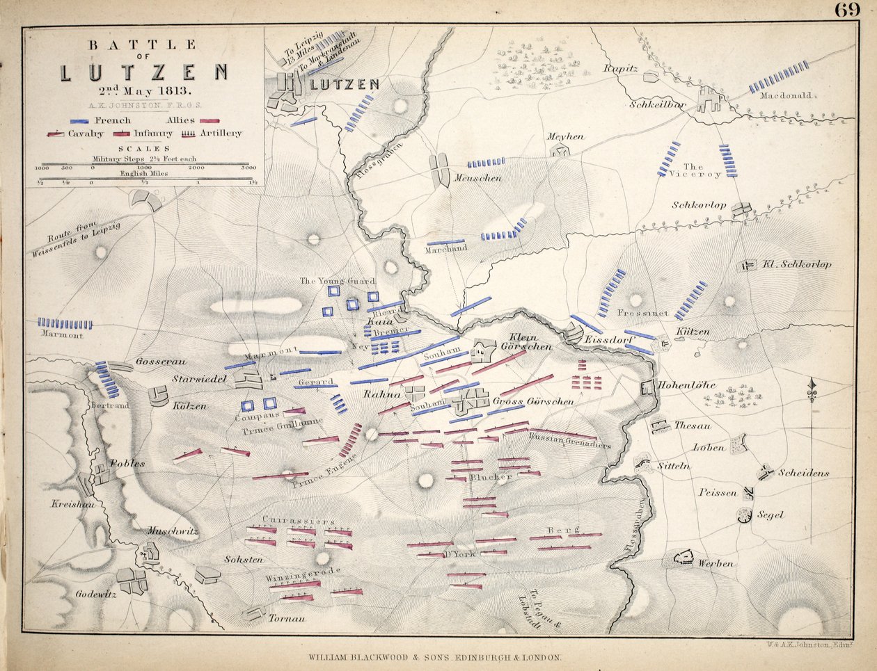 Karta över slaget vid Lutzen, utgiven av William Blackwood and Sons, Edinburgh och London, 1848 (handkolorerat gravyr) av Alexander Keith Johnston