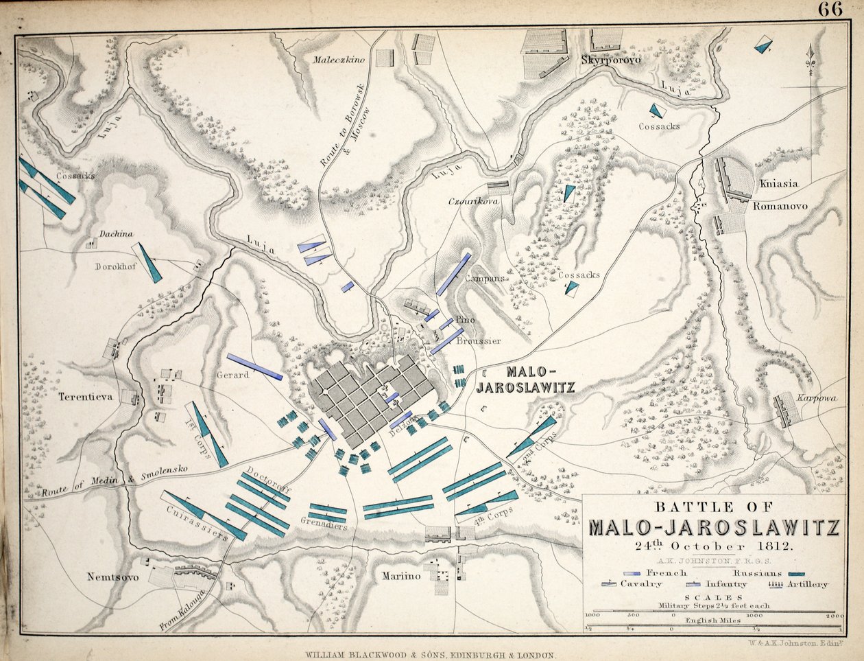 Karta över slaget vid Malo-Jaroslawitz, utgiven av William Blackwood and Sons, Edinburgh och London, 1848 (handkolorerad gravyr) av Alexander Keith Johnston