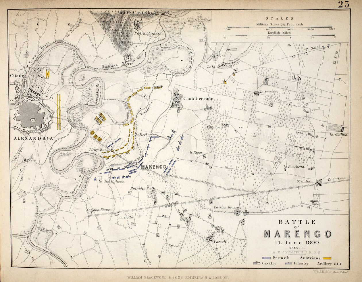 Karta över slaget vid Marengo, publicerad av William Blackwood and Sons, Edinburgh och London, 1848 (handfärgad gravyr) av Alexander Keith Johnston
