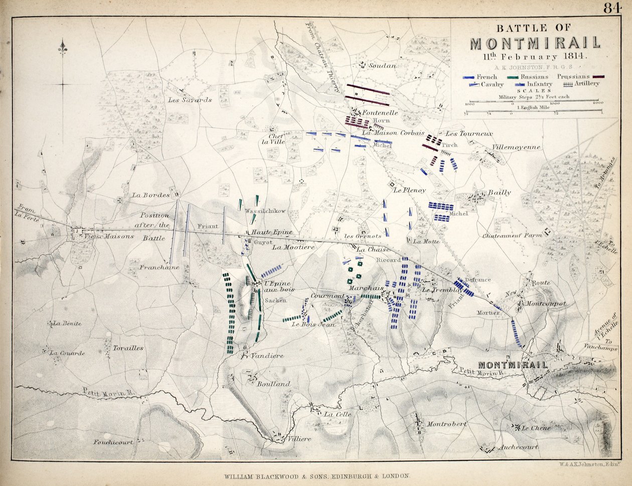 Karta över slaget vid Montmirail, publicerad av William Blackwood and Sons, Edinburgh och London, 1848 (handfärgad gravyr) av Alexander Keith Johnston