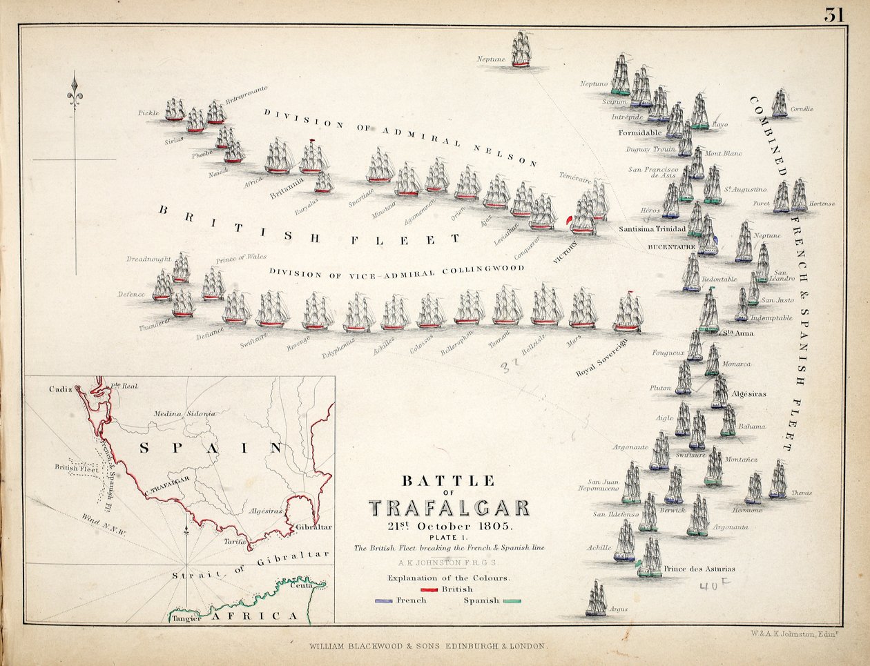 Karta över slaget vid Trafalgar, utgiven av William Blackwood and Sons, Edinburgh och London, 1848 (handkolorerad gravyr) av Alexander Keith Johnston