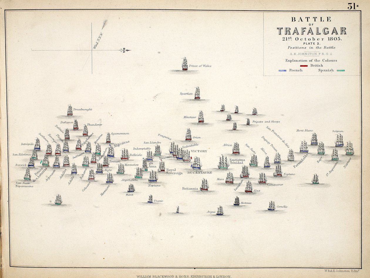 Karta över slaget vid Trafalgar, publicerad av William Blackwood and Sons, Edinburgh och London, 1848 (handfärgad gravyr) av Alexander Keith Johnston