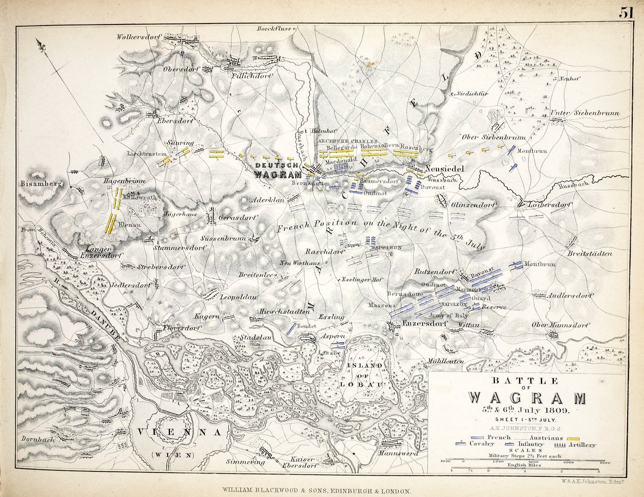 Karta över slaget vid Wagram, utgiven av William Blackwood and Sons, Edinburgh och London, 1848 (handkolorerad gravyr) av Alexander Keith Johnston