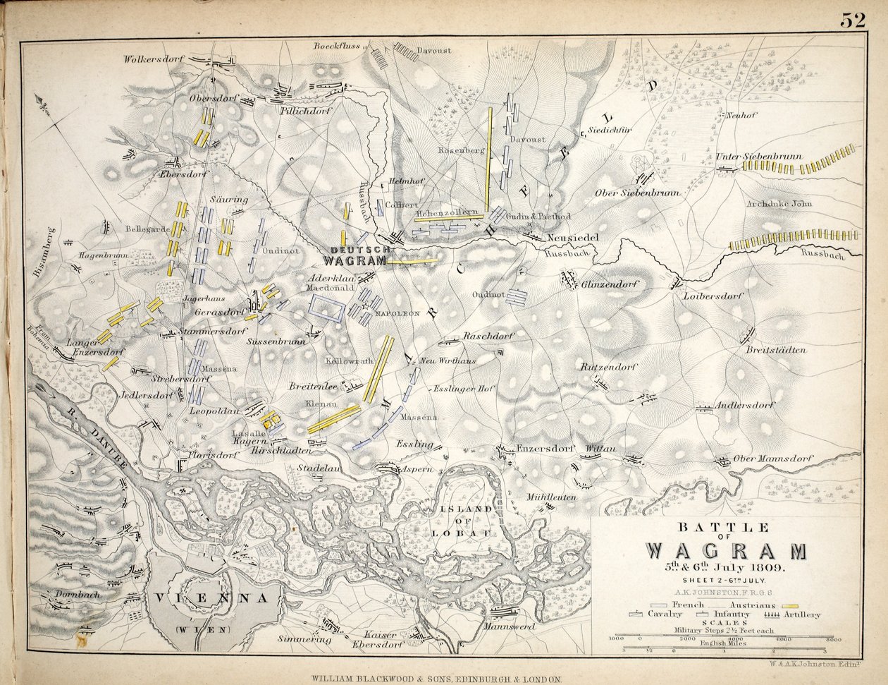 Karta över slaget vid Wagram, utgiven av William Blackwood and Sons, Edinburgh och London, 1848 (handkolorerad gravyr) av Alexander Keith Johnston