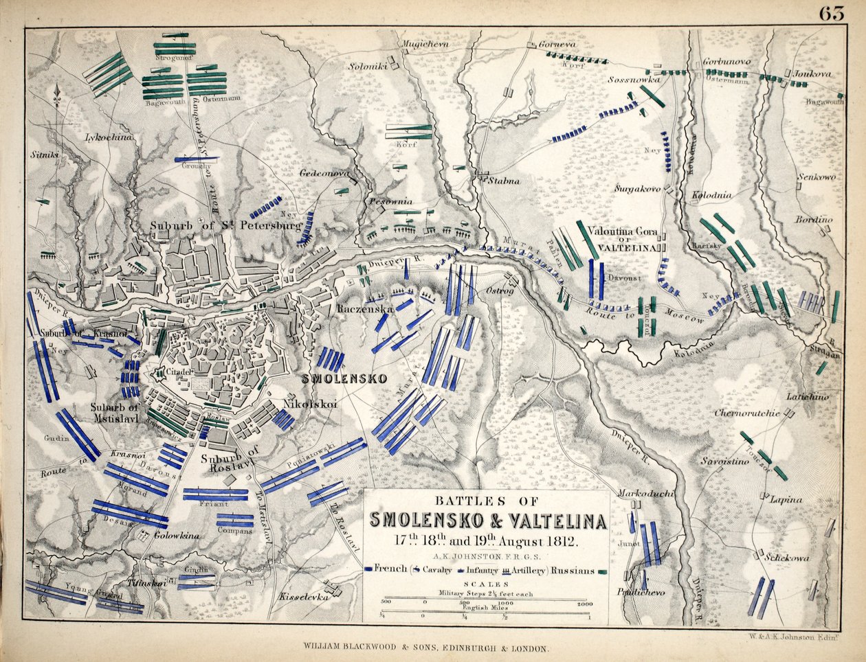 Karta över slagen vid Smolensko och Valtelina, publicerad av William Blackwood and Sons, Edinburgh och London, 1848 (handfärgad gravyr) av Alexander Keith Johnston