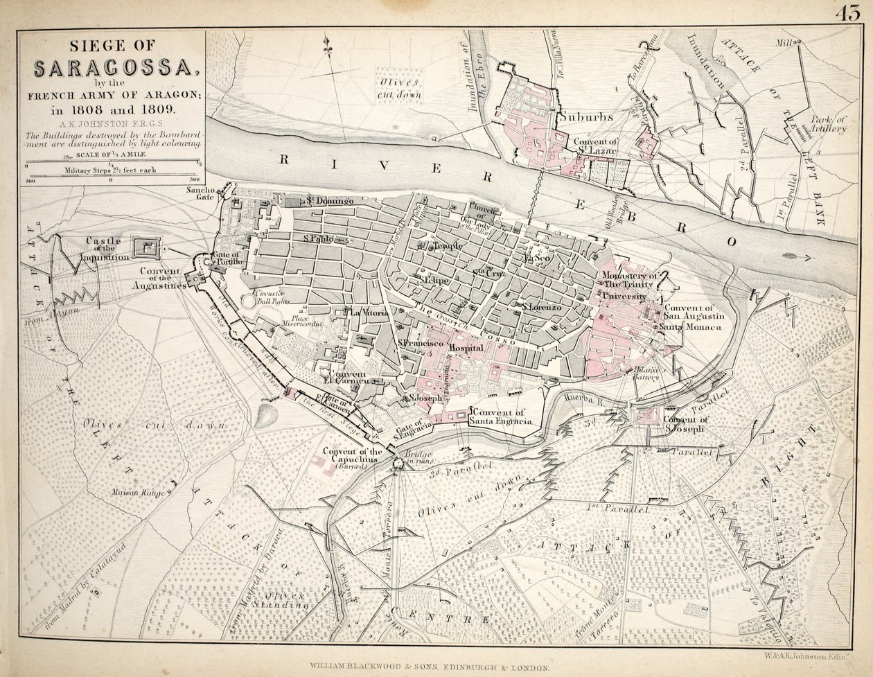 Karta över belägringen av Saragossa, utgiven av William Blackwood and Sons, Edinburgh och London, 1848 (handkolorerad gravyr) av Alexander Keith Johnston