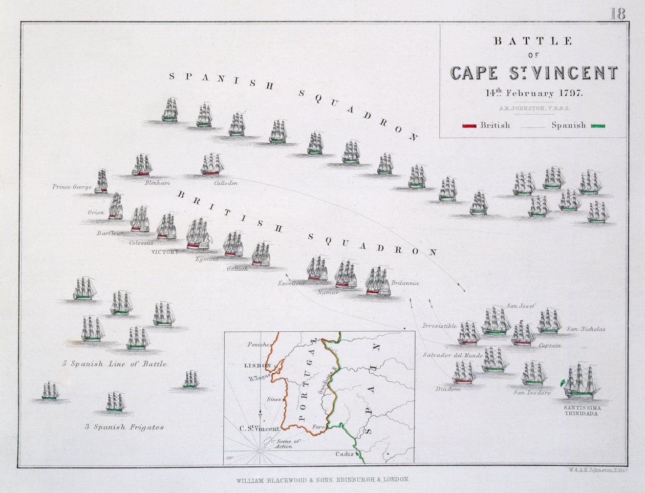 Plan för slaget vid Kap St. Vincent, 14 februari 1797, ca 1830-talet av Alexander Keith Johnston