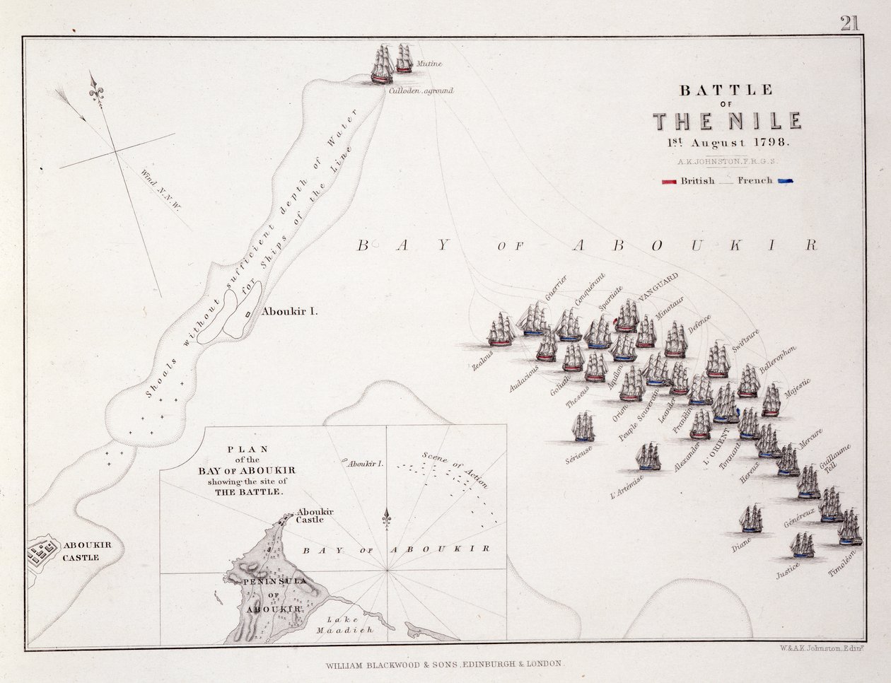 Plan över slaget vid Nilen, 1 augusti 1798, ca 1830-talet av Alexander Keith Johnston
