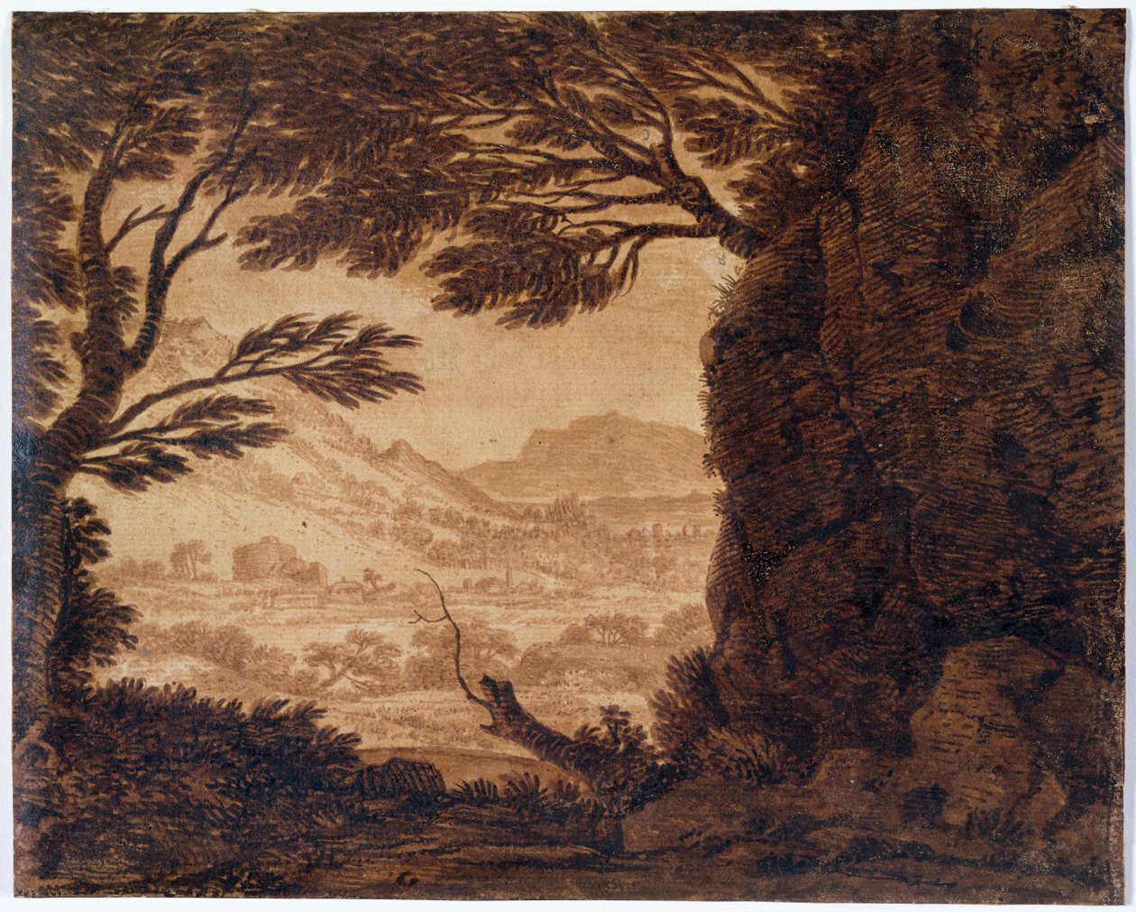 Klassiskt landskap, mitten av 1700-talet (sepia på papper) av Alexander Cozens