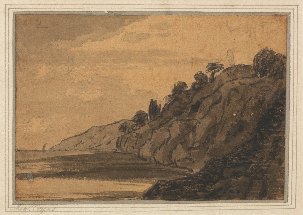 Kustscen med trädbevuxen klippa av Alexander Cozens