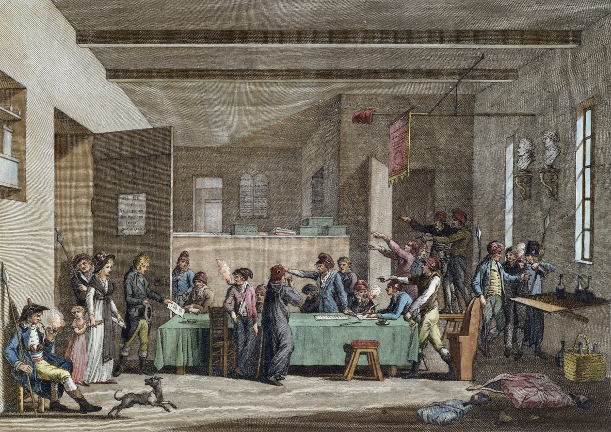 Interiör i en revolutionär kommitté 1792-93 (färggravyr) av Alexandre Evariste Fragonard