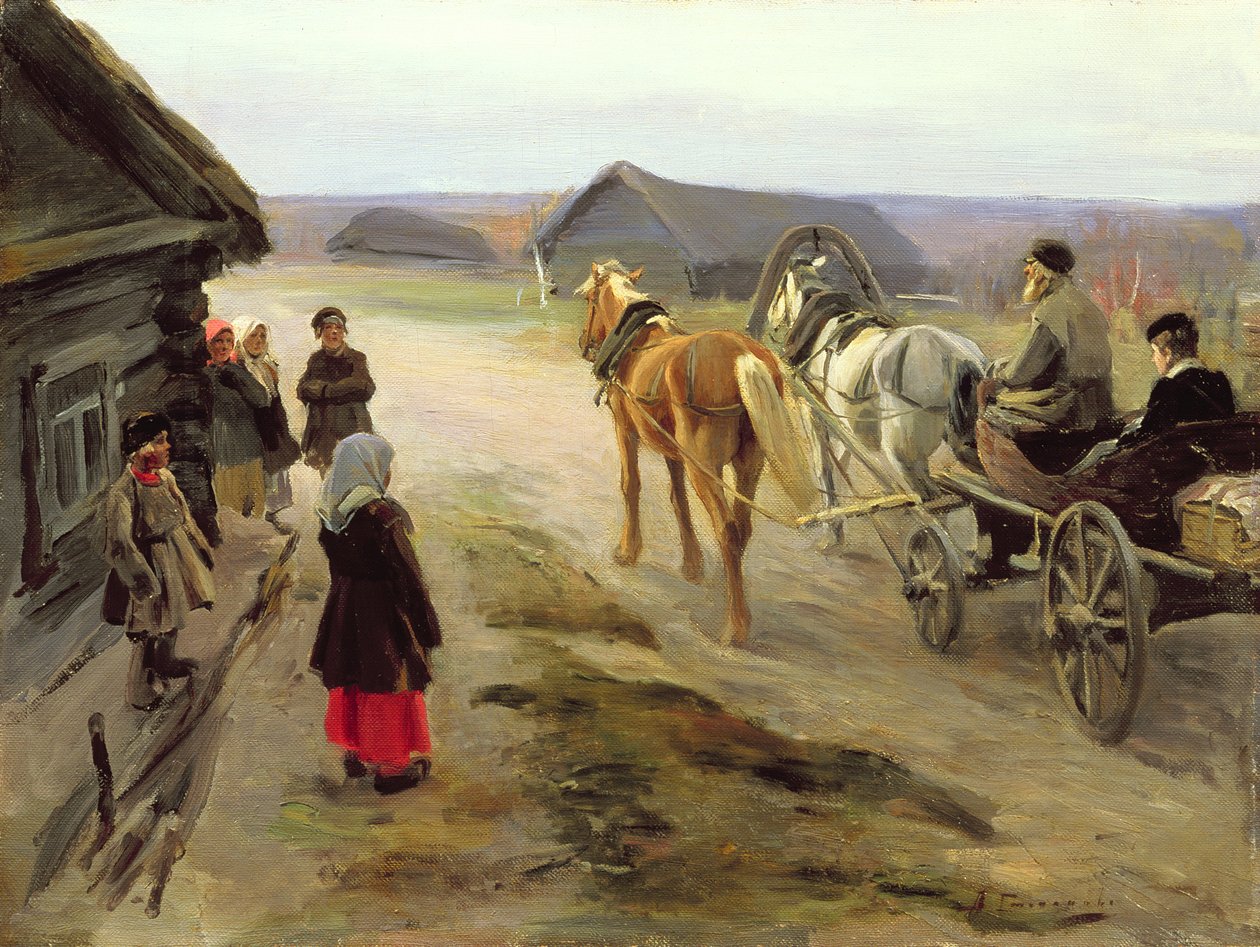 Ankomst av en skolälskarinna på landet, c.1908-14 av Alexei Steipanovitch Stepanov