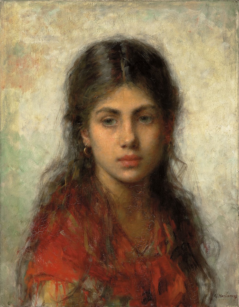 Flicka med en röd sjal, av Alexei Alexevich Harlamoff
