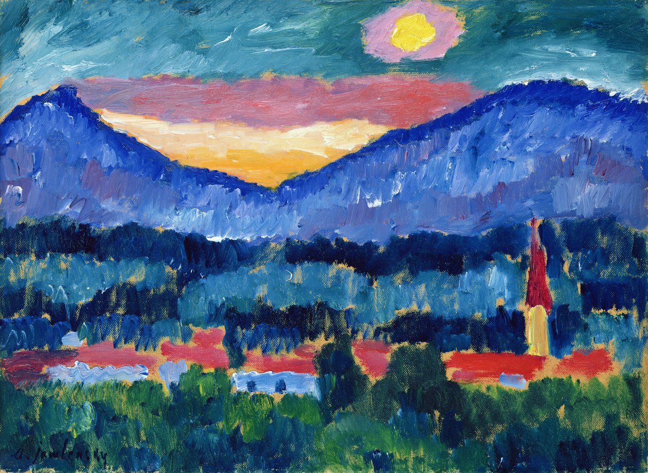 Mountain Village, 1910 (olja på kartong) av Alexej von Jawlensky