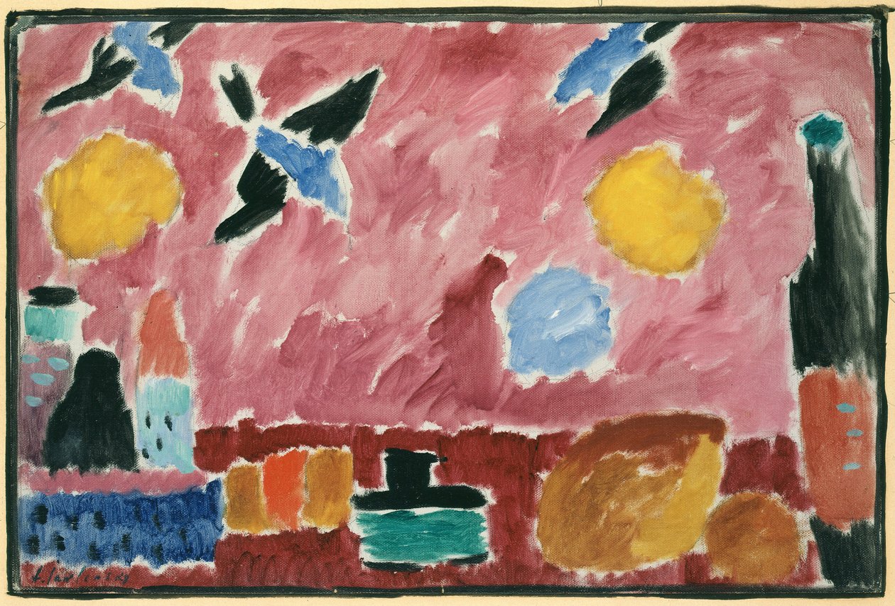 Med röd svalmönstrad tapet, 1915 av Alexej von Jawlensky