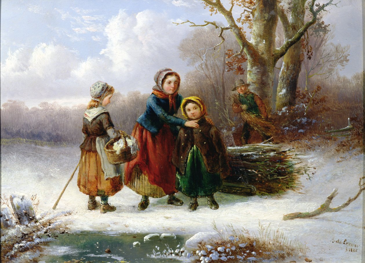 Tre flickor i ett vinterlandskap, 1865 (par av 98604) av Alexis de Leeuw