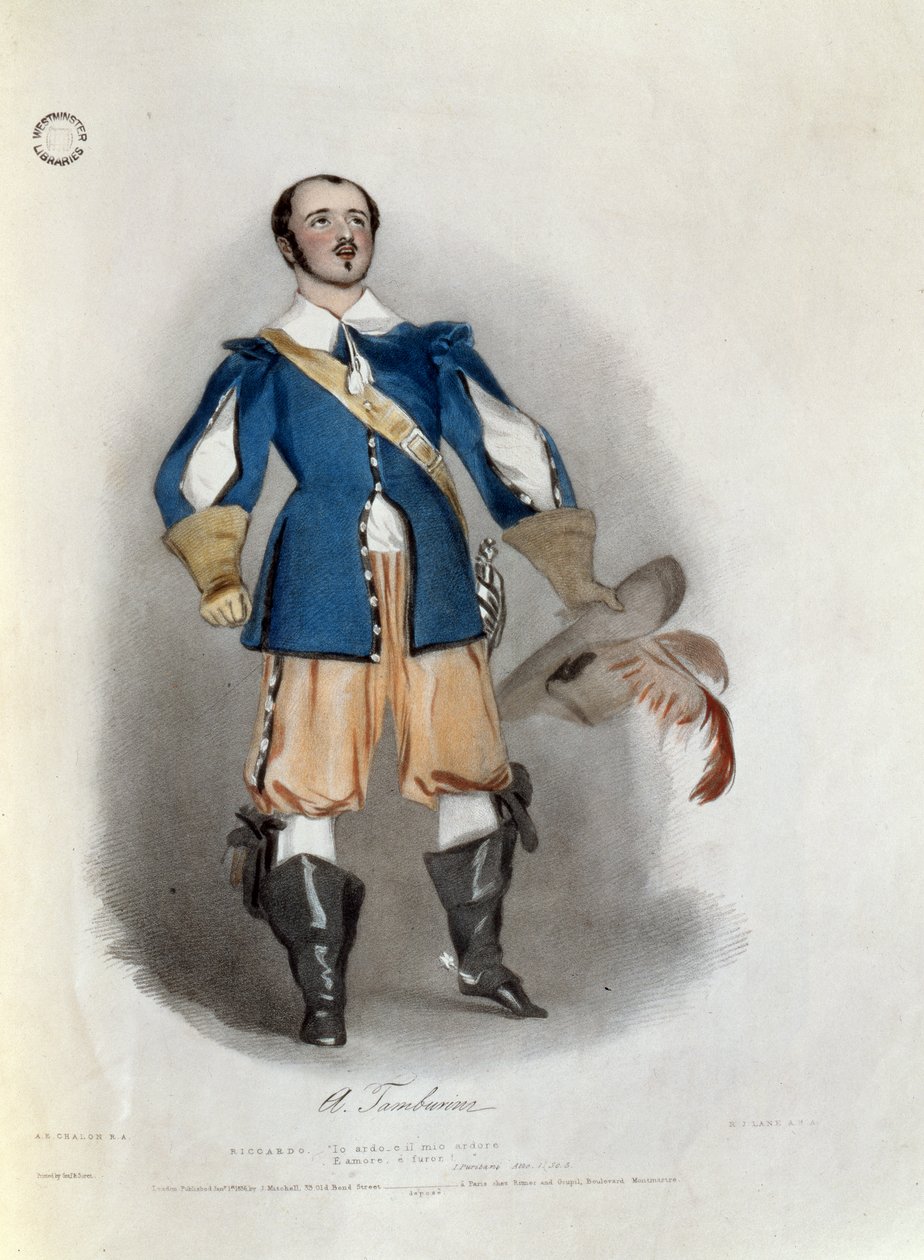 Antonio Tamburini (1800-76) som Riccardo i "I Puritani", från "Recollections of the Italian Opera", graverad av Richard James Lane (1800-72), 1836 av Alfred Edward Chalon