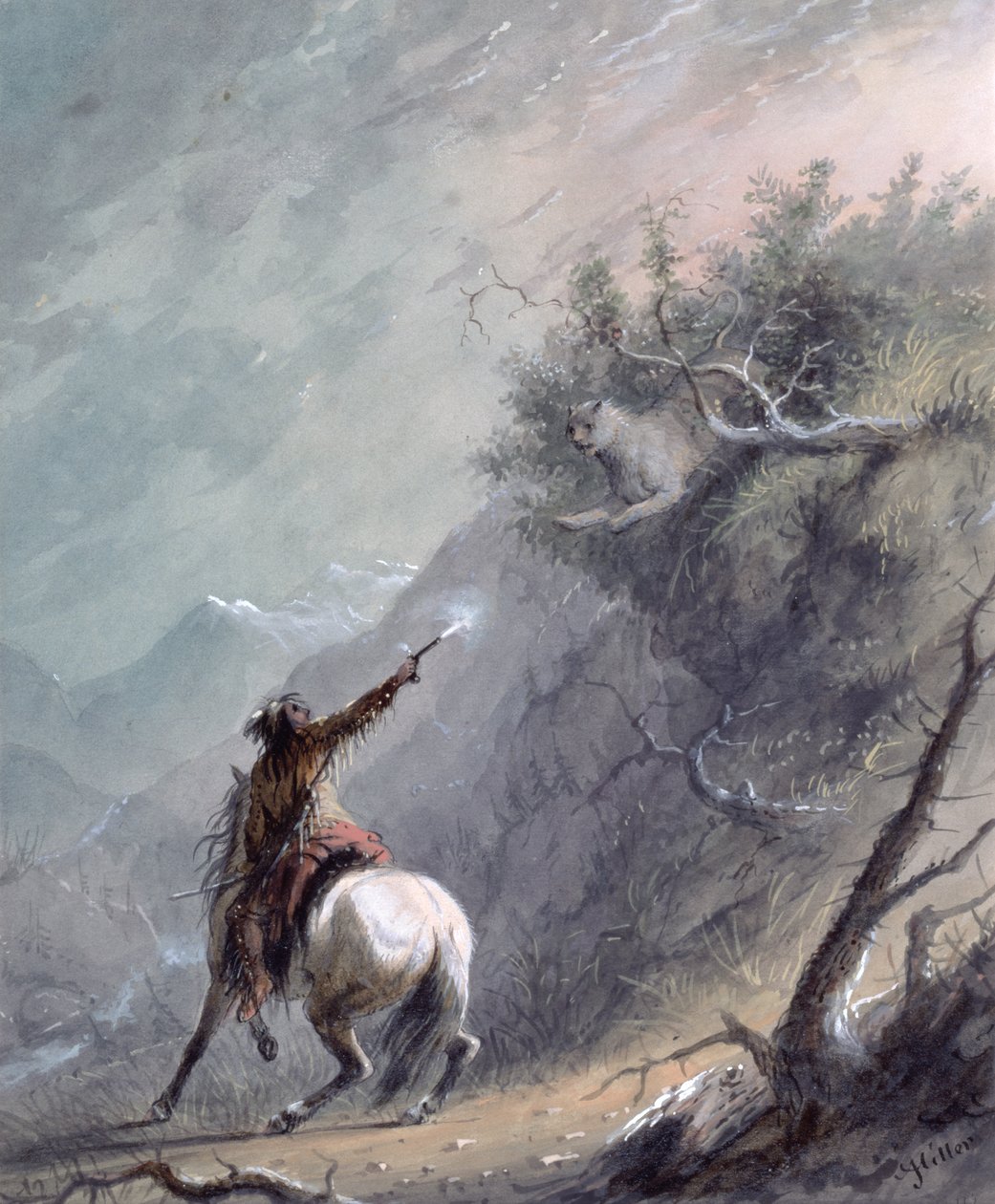 Att skjuta en puma (wc och gouache på papper) av Alfred Jacob Miller