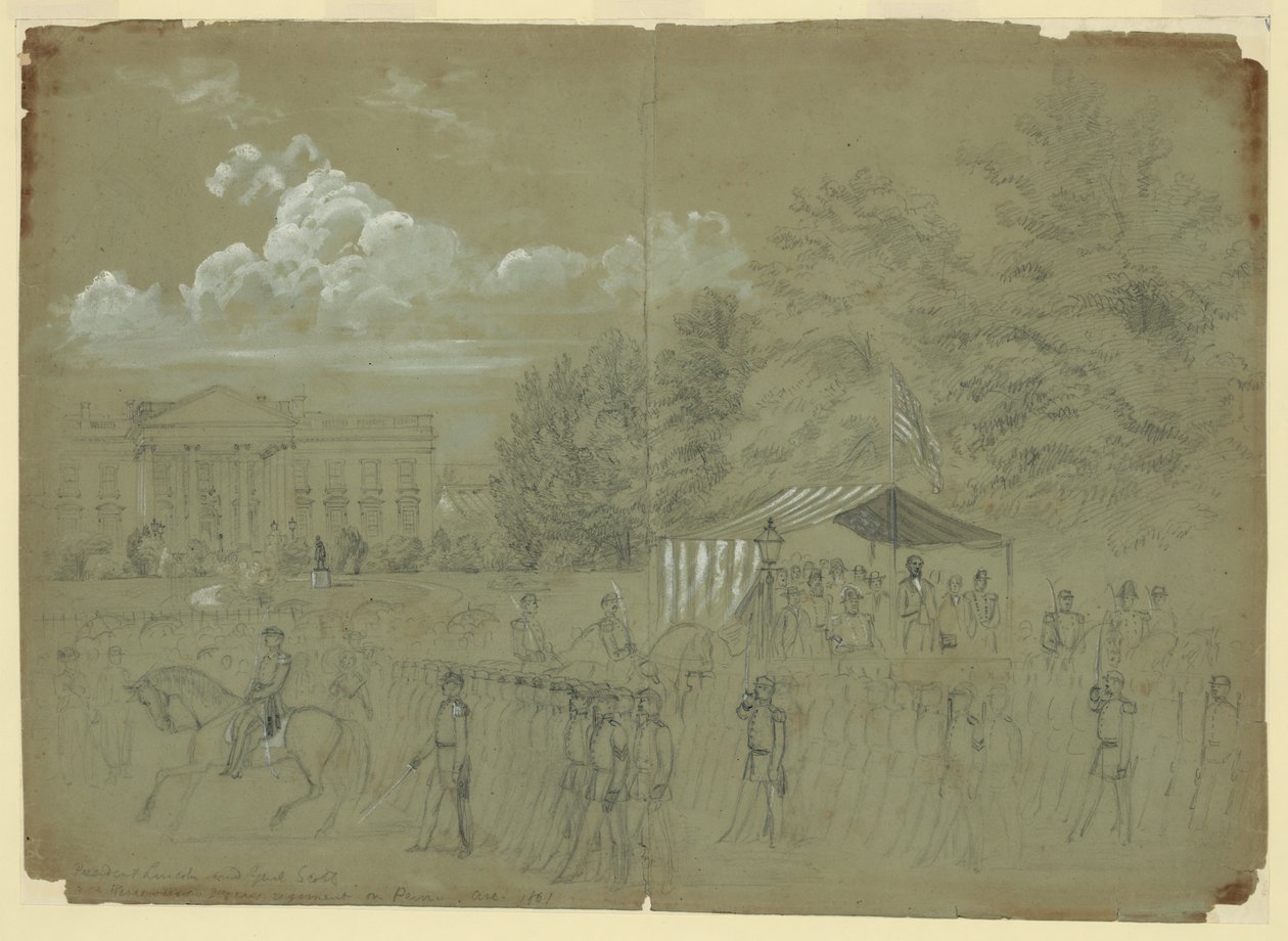 President Lincoln and Genl. Scott Reviewing 3 years regiment on Penn Ave. 1861  av Alfred Rudolph Waud