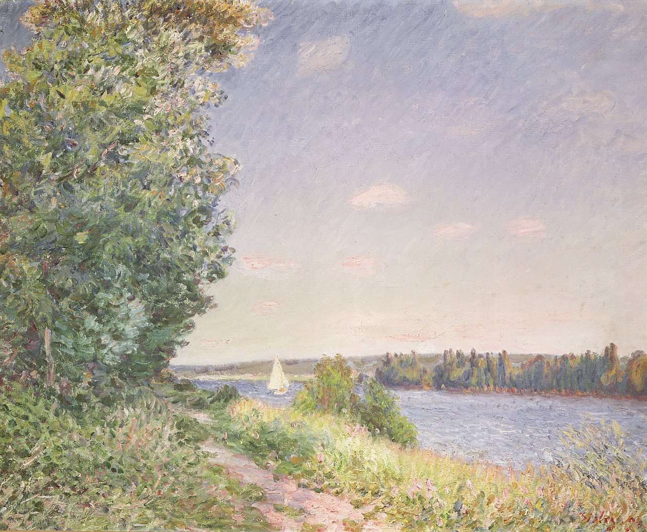 Normandie, vattenvägen på kvällen, Sahurs, 1894 av Alfred Sisley