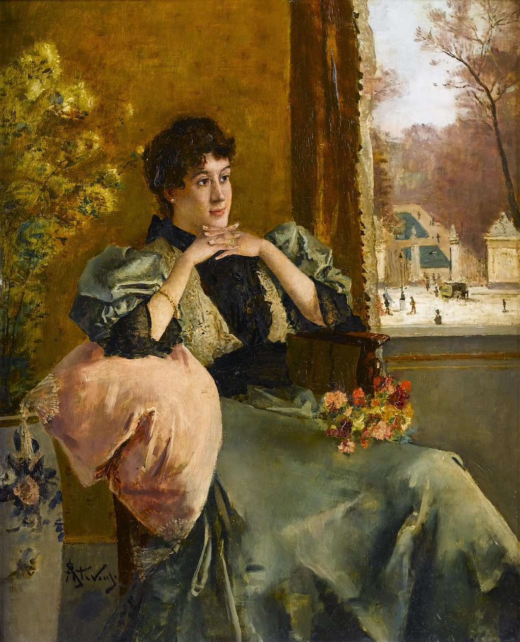 Femme pensive près dune fenêtre av Alfred Emile Stevens