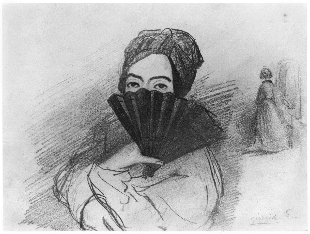 Porträtt av George Sand (1804-76) bakom hennes fan av Alfred de Musset