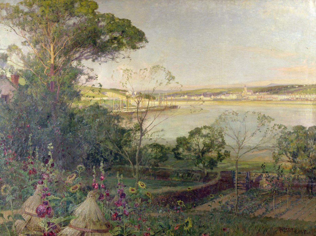 En solbelyst hamn (olja på duk) av Alfred East