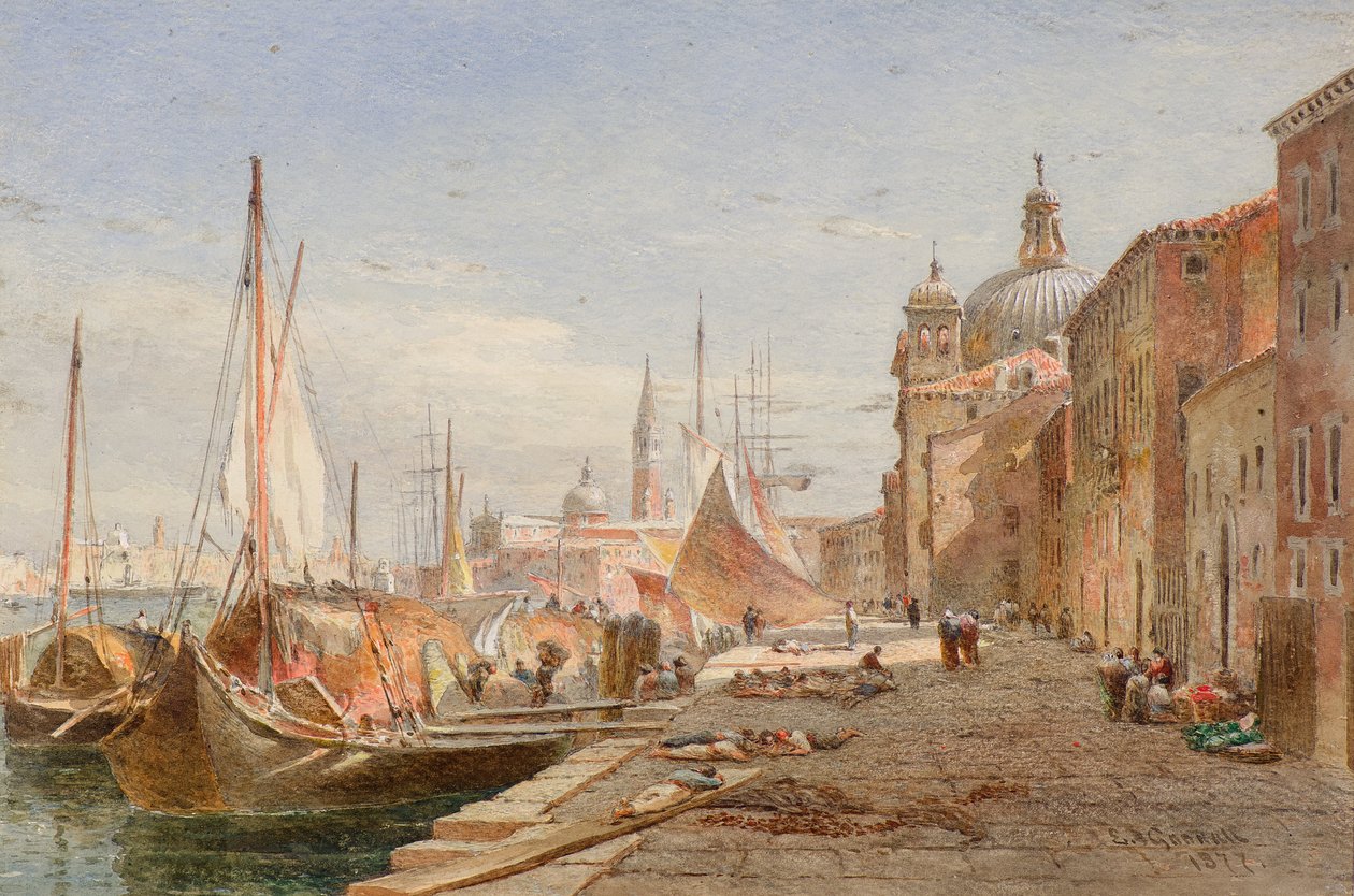 Pråmar vid en kaj, Venedig av Alfred Edward Goodall
