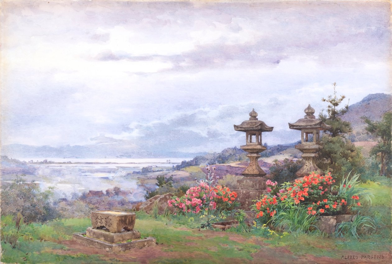 Solnedgång över Biwasjön, från Tennenji (akvarell) av Alfred Parsons