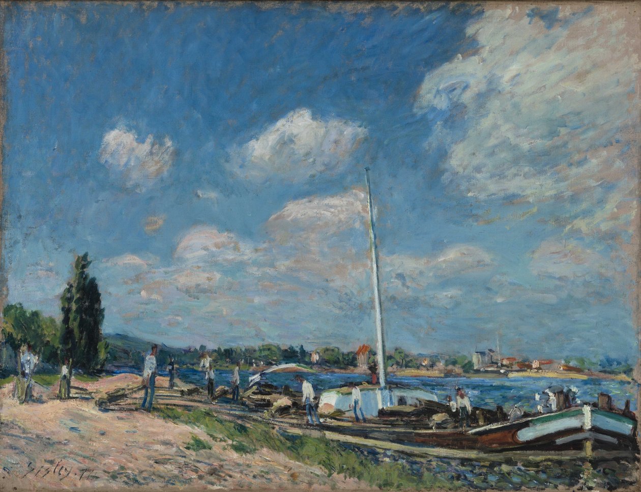 Franska: Lastning av pråmar vid Billancourt av Alfred Sisley