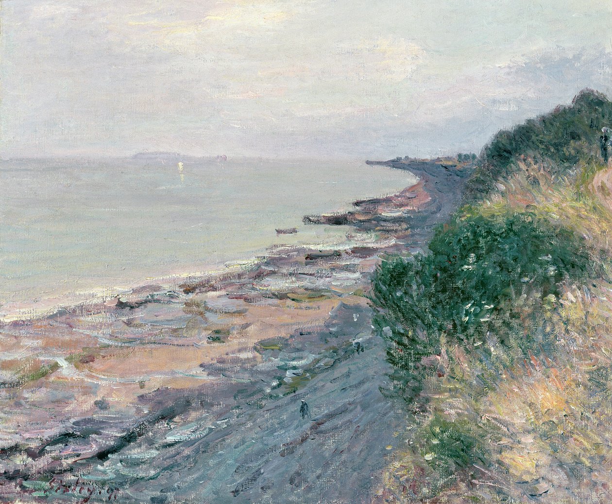 Klippan vid Penarth, kväll, lågt tidvatten av Alfred Sisley