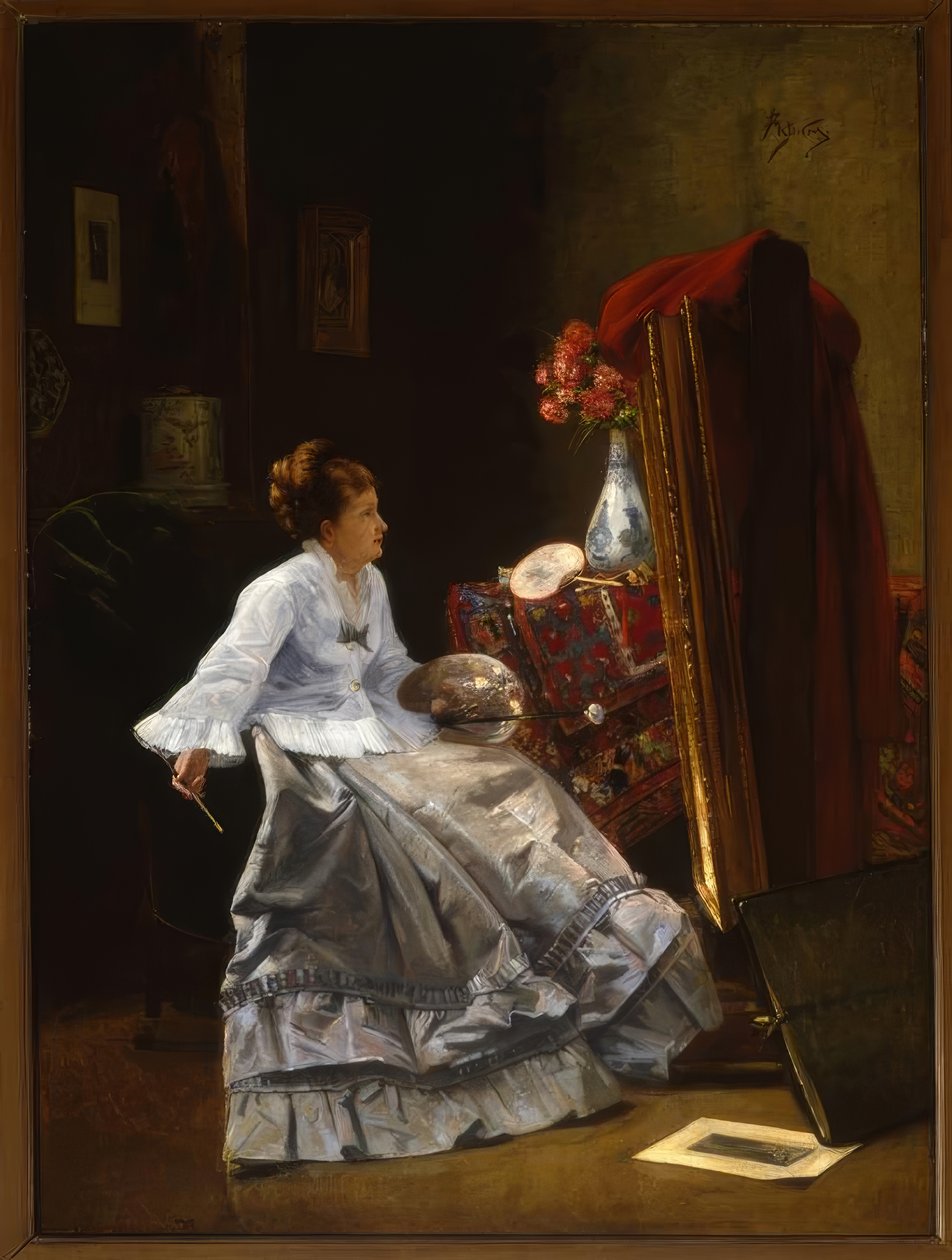 Tillskriven A.Stevens, Lady at her Staffli / Målning av Alfred Emile Stevens