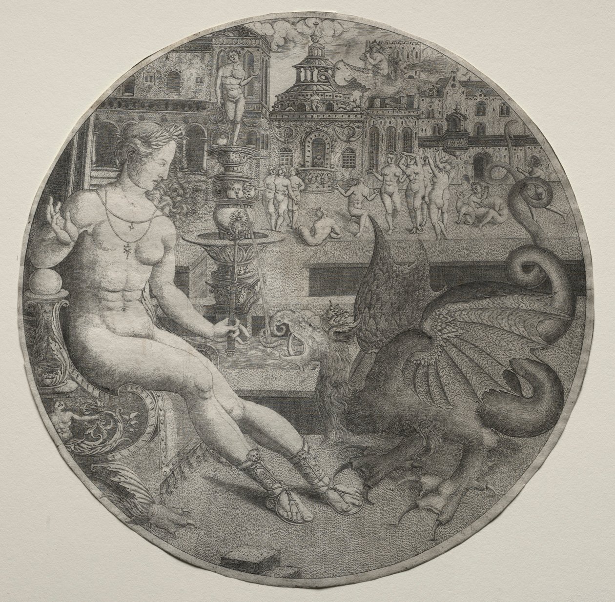 Naken kvinna och en drake, 1523. av Allaert Claesz
