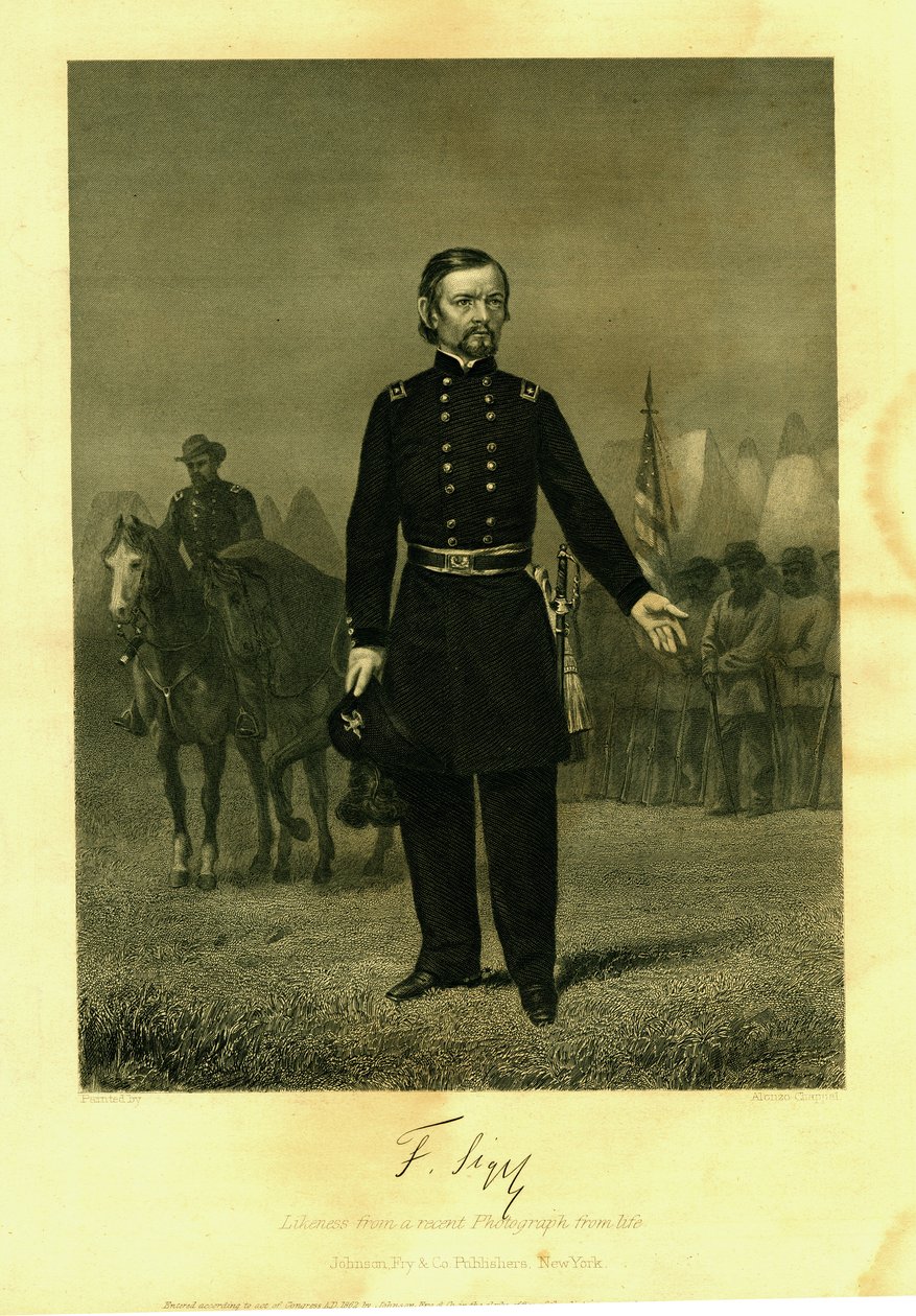 Print of Gen. Siegel in uniform with a sword. Soldiers with a battle flag av Alonzo Chappel