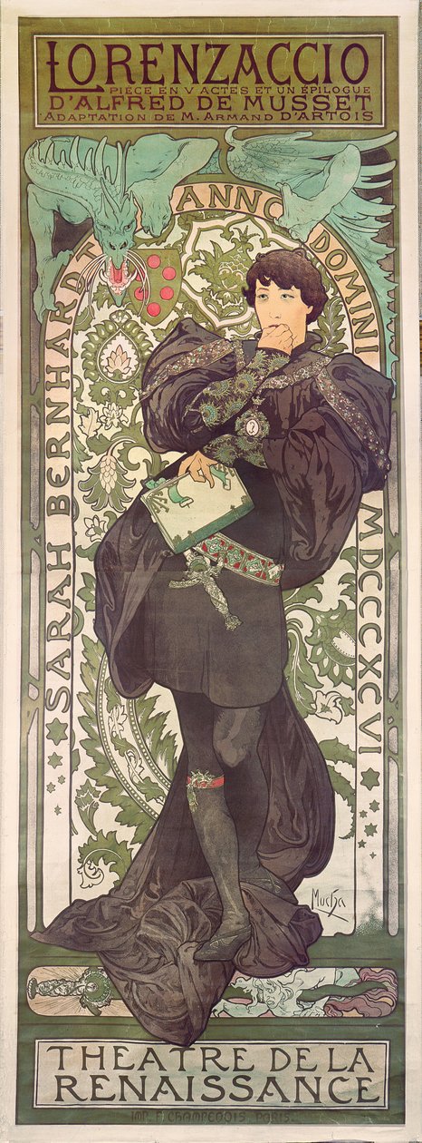 Lorenzaccio, med Sarah Bernhardt, på renässansen på Théâtre de la Renaissance (affisch), 1896 (litografi) av Alphonse Mucha