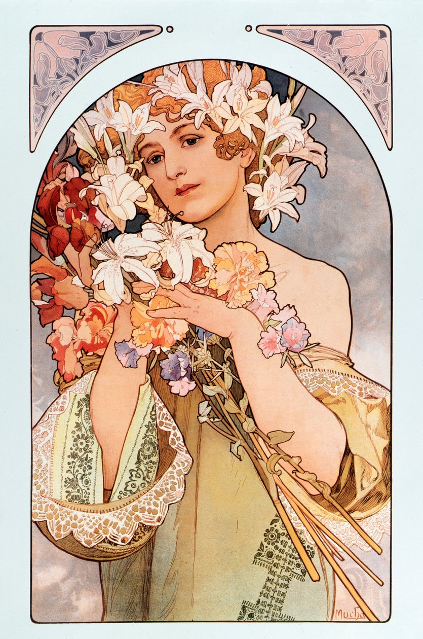 Affisch av Alphonse Mucha (1860-1939) med titeln "Blomman", serie litografier på blommor, 1897 - Affisch av Alphonse Mucha: "Blomman" från flowers-serien, 1897 Dim 44x66 cm Privat samling av Alphonse Mucha