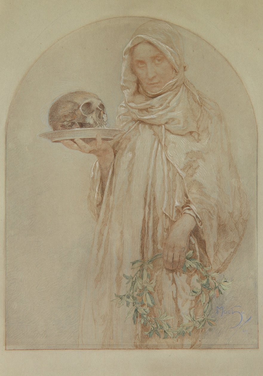 The Skull, 1929 (pastell och bläck på papper) av Alphonse Mucha