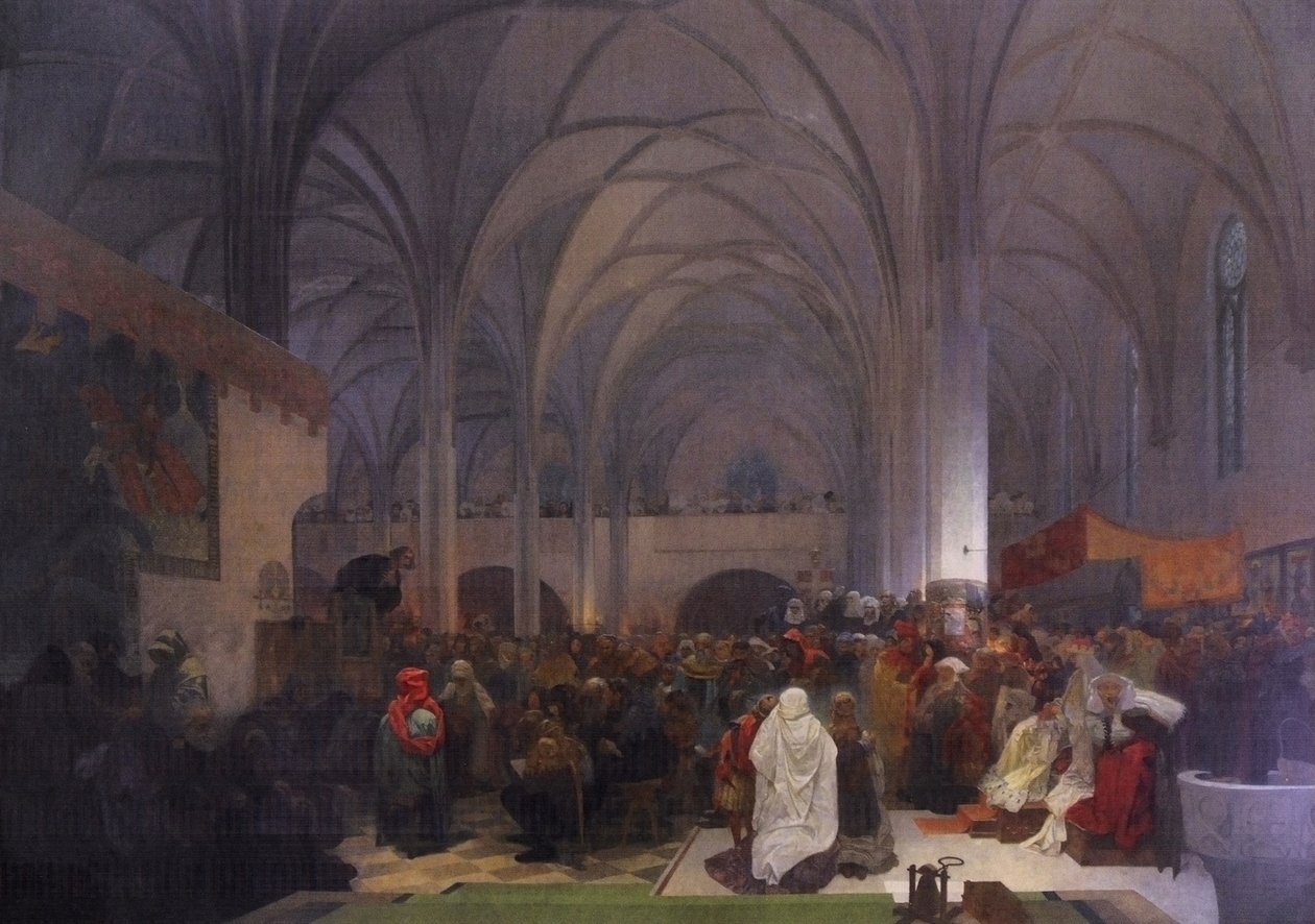  Kazani Mistra Jana Husa v kapli Betlemske: Pravda vitezinEnglish: Master Jan Hus Preaching at the Bethlehem Chapel: Truth Prevailsn av Alphonse Mucha