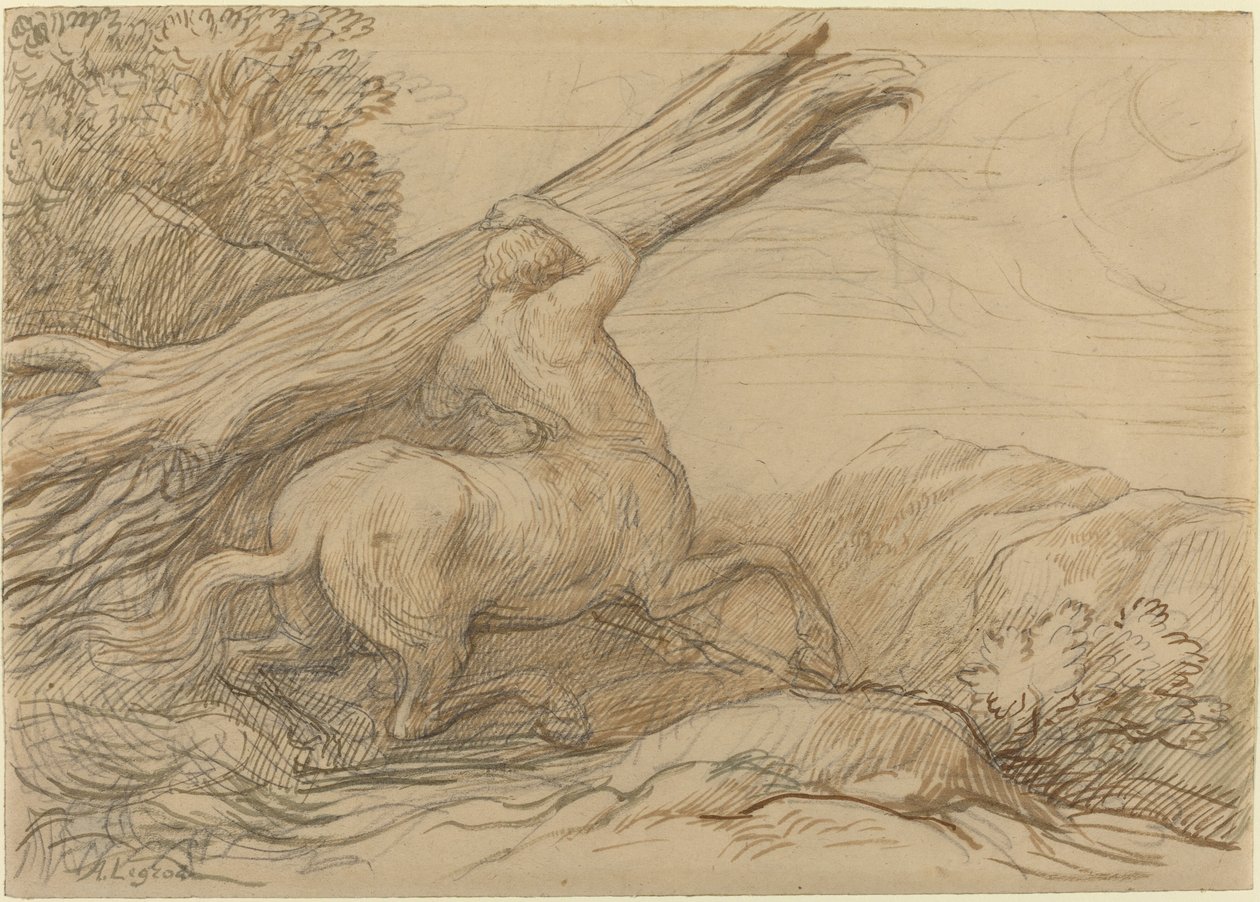 Kentaur som bär en trädstam. av Alphonse Legros