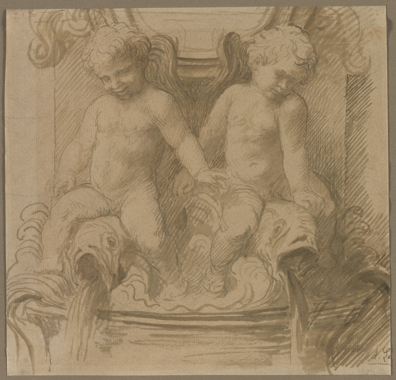 Fontän med Putti Riding Delfiner av Alphonse Legros