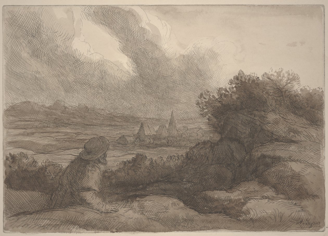 Landskap (etsning med sepiatvätt) av Alphonse Legros