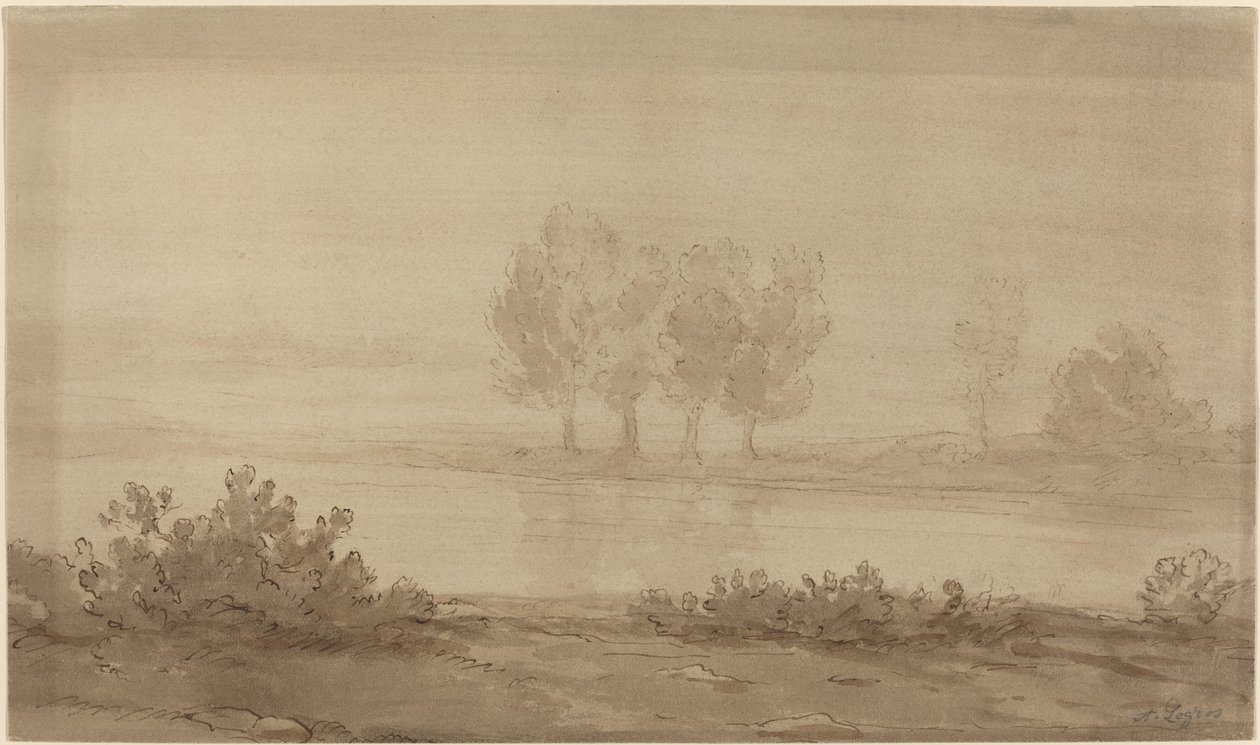 Landskap - Fyra träd bortom en flod. av Alphonse Legros
