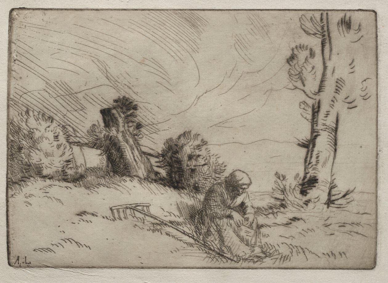 Bondekvinna som sitter nära en häck av Alphonse Legros