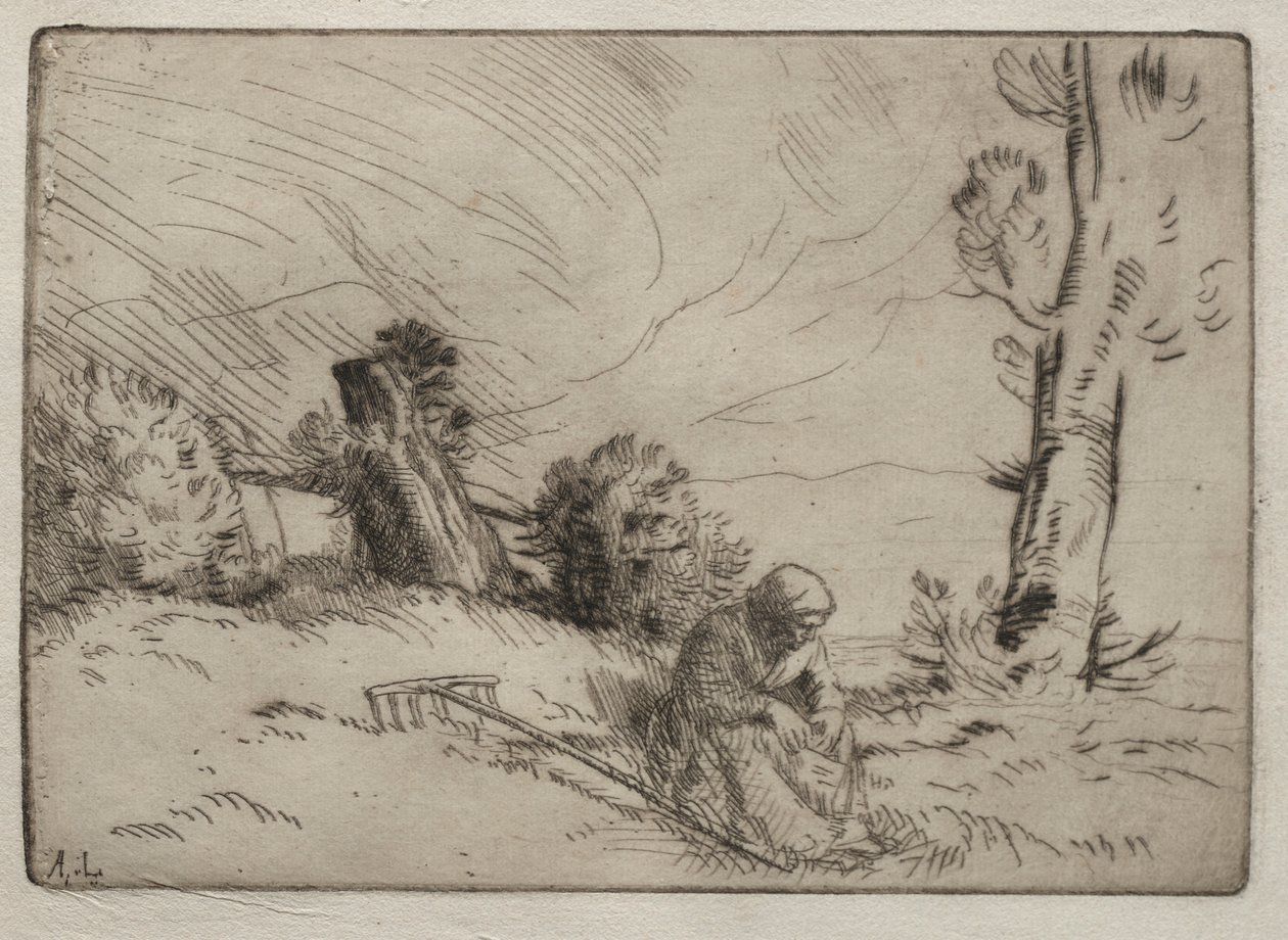 Bondekvinna som sitter nära en häck. av Alphonse Legros