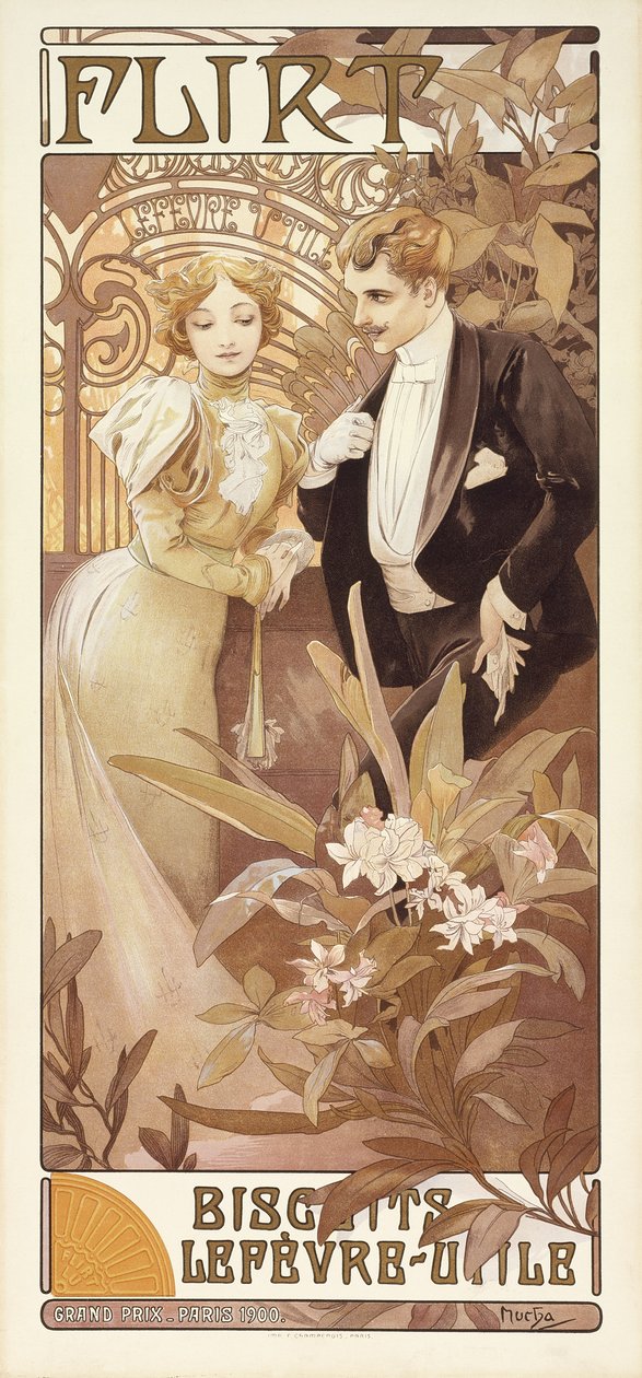 Flirt, ca 1895-1900 (färg litho) av Alphonse Mucha