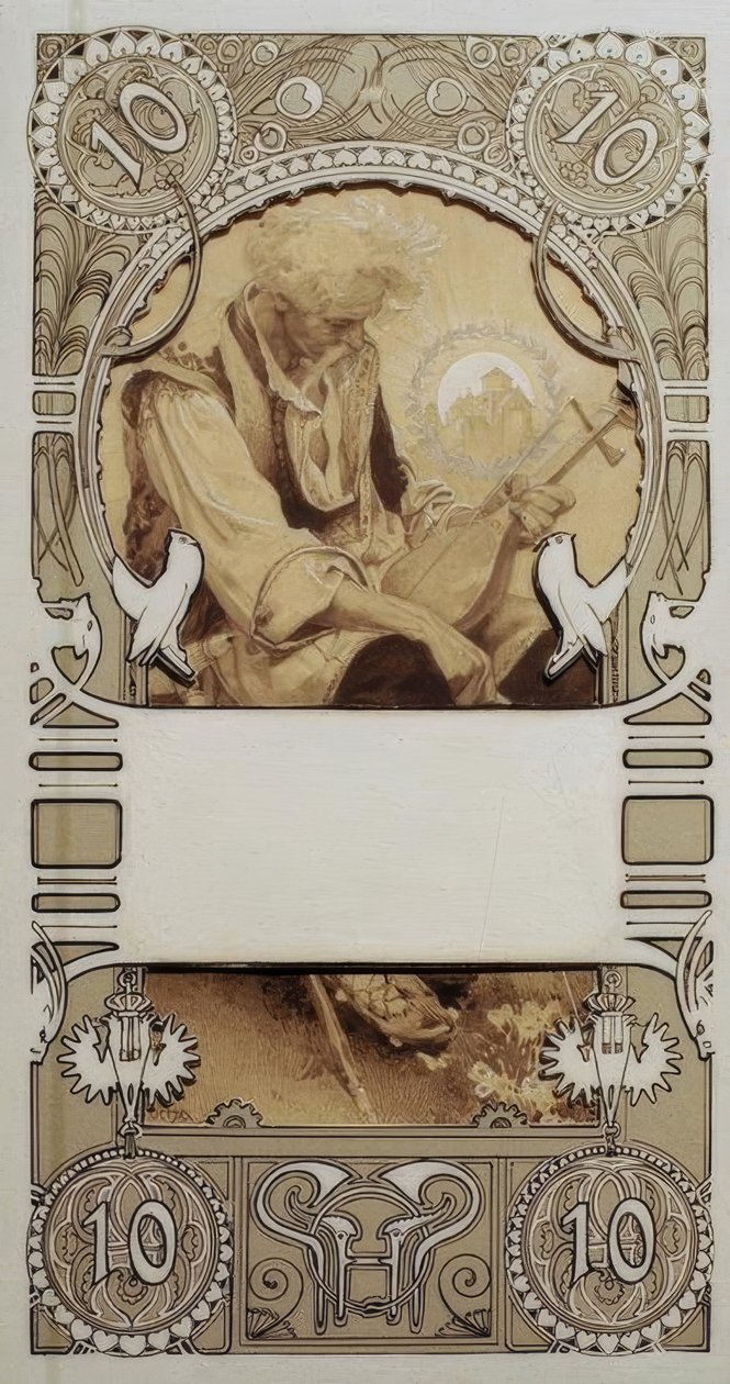 Frimärksdesign i två delar av Alphonse Mucha